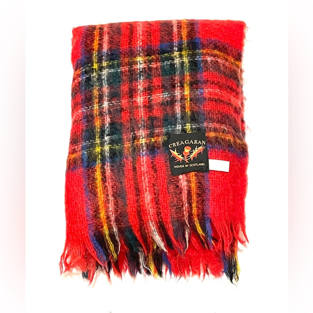 CREAGARAN Vintage Mohair Throw Blanket Tartan Plaid Red Natural Fiber SCOTLAND